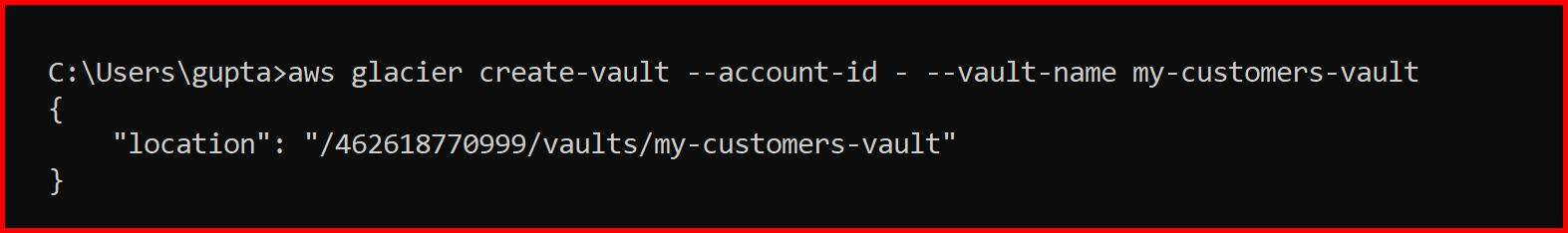 Picture showing the output of how to create a vault in Glacier using CLI